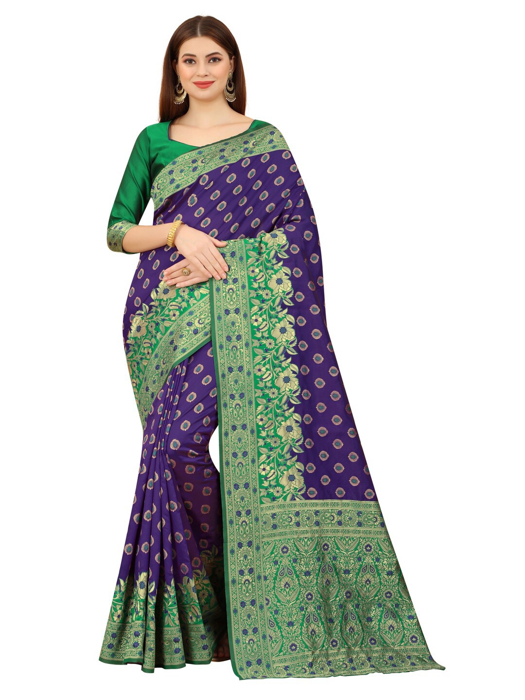 

MOKSHA DESIGNS Blue & Green Woven Design Zari Pure Silk Paithani Saree