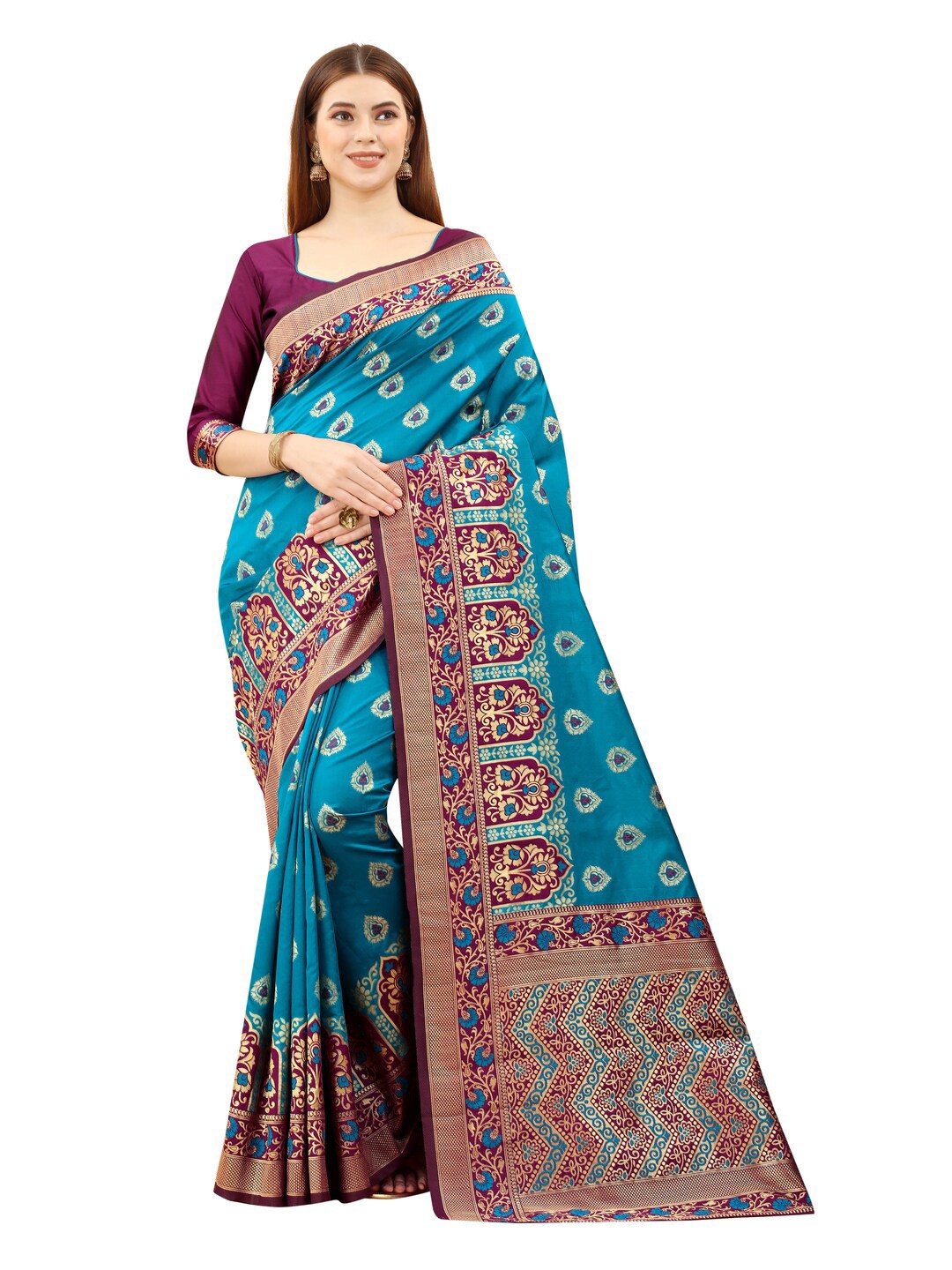 

MOKSHA DESIGNS Turquoise Blue & Burgundy Woven Design Zari Pure Silk Paithani Saree