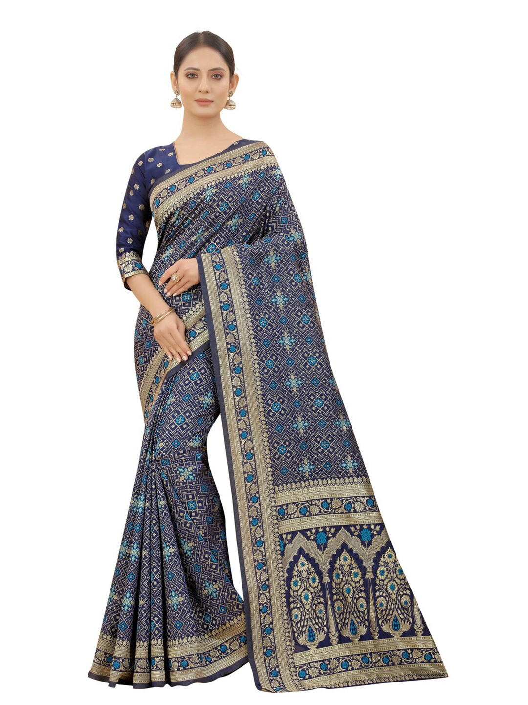 

MOKSHA DESIGNS Blue & Gold-Toned Woven Design Zari Pure Silk Paithani Saree