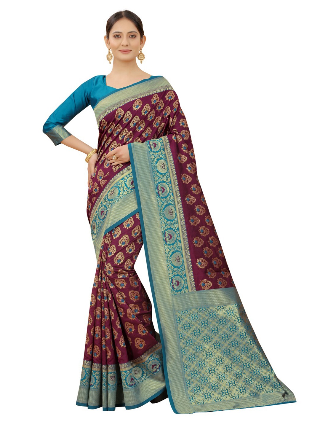 

MOKSHA DESIGNS Burgundy & Blue Woven Design Zari Pure Silk Paithani Saree