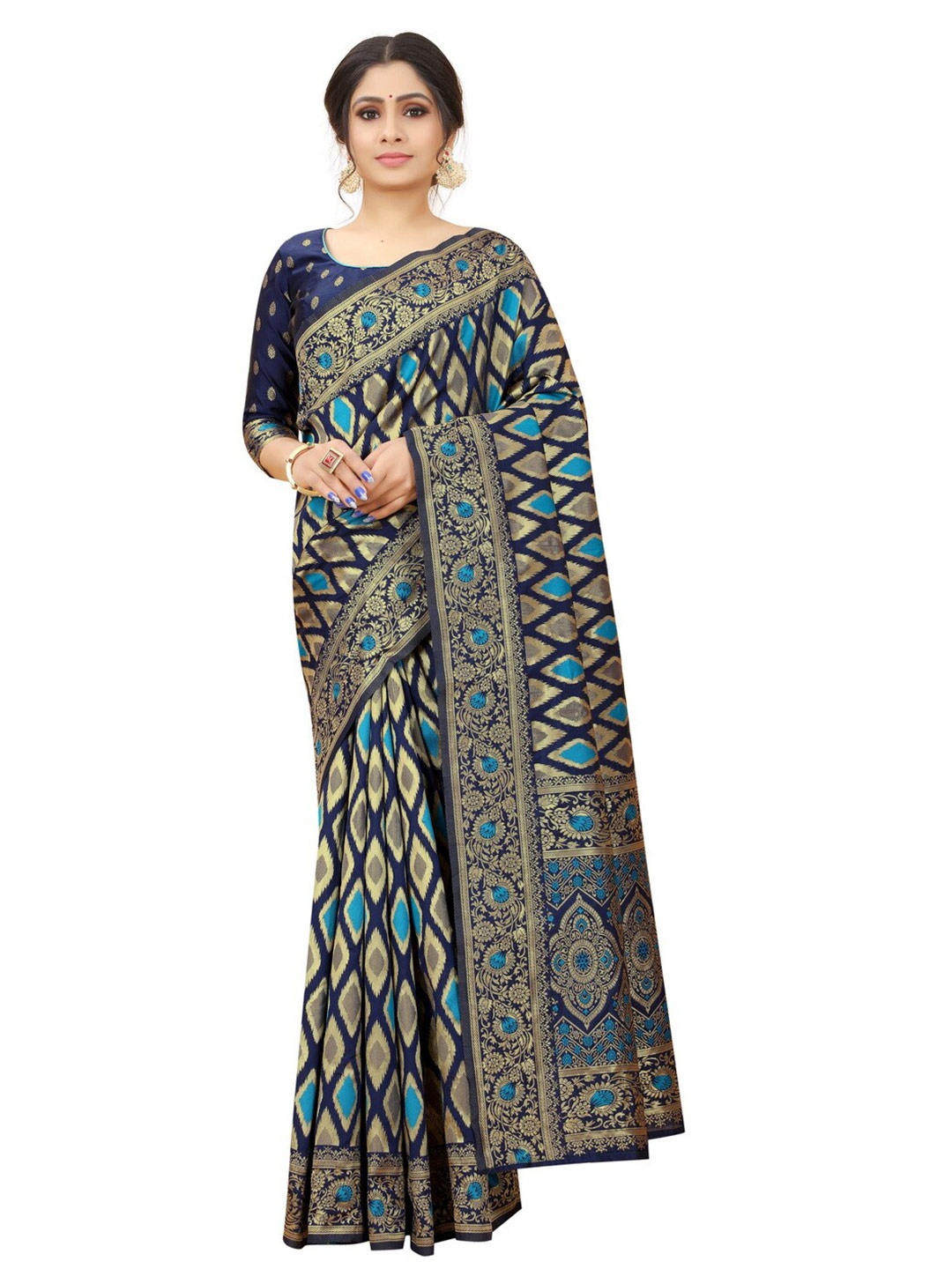 

MOKSHA DESIGNS Navy Blue & Blue Woven Design Zari Pure Silk Paithani Saree