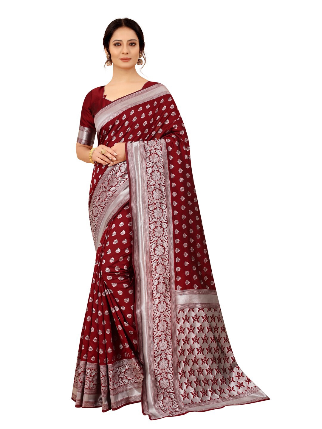 

MOKSHA DESIGNS Maroon & Silver-Toned Woven Design Zari Pure Silk Paithani Saree