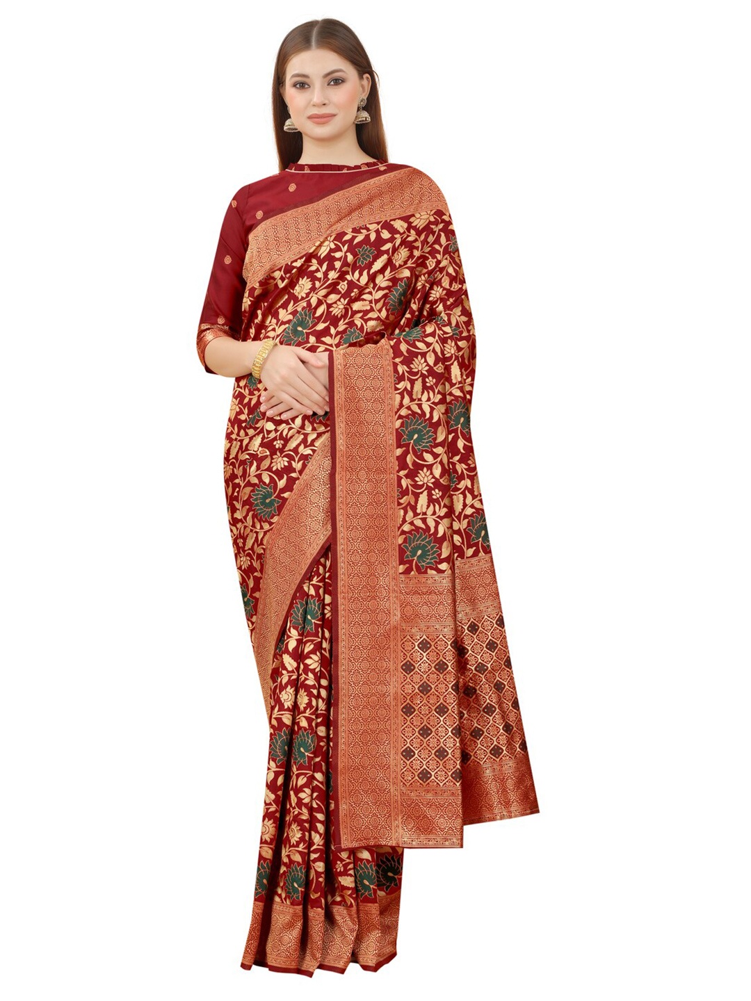 

MOKSHA DESIGNS Maroon & Green Woven Design Zari Pure Silk Paithani Saree