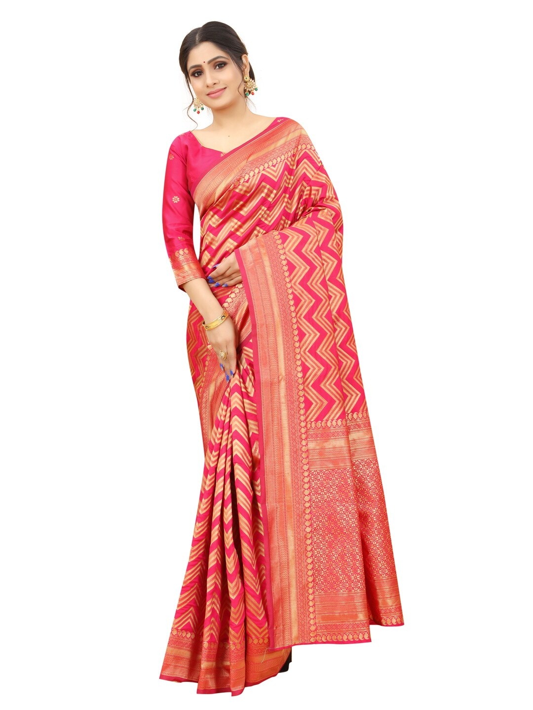

MOKSHA DESIGNS Pink & Gold-Toned Zari Pure Silk Paithani Saree