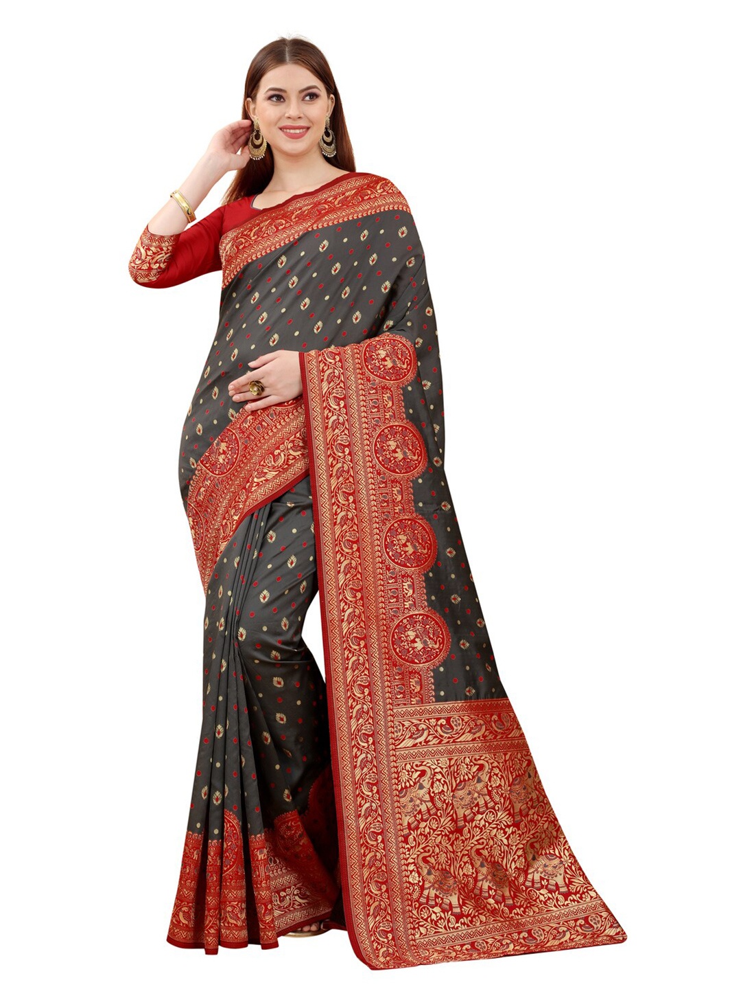 

MOKSHA DESIGNS Grey & Red Ethnic Motifs Zari Pure Silk Paithani Saree
