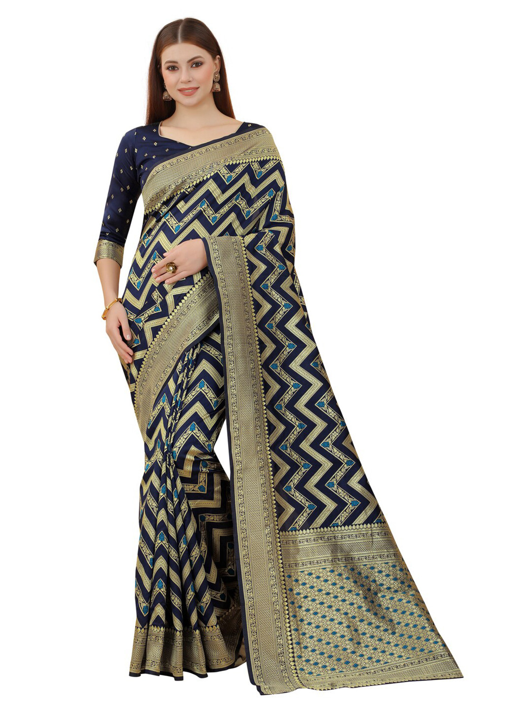 

MOKSHA DESIGNS Navy Blue & Gold-Toned Zari Pure Silk Paithani Saree
