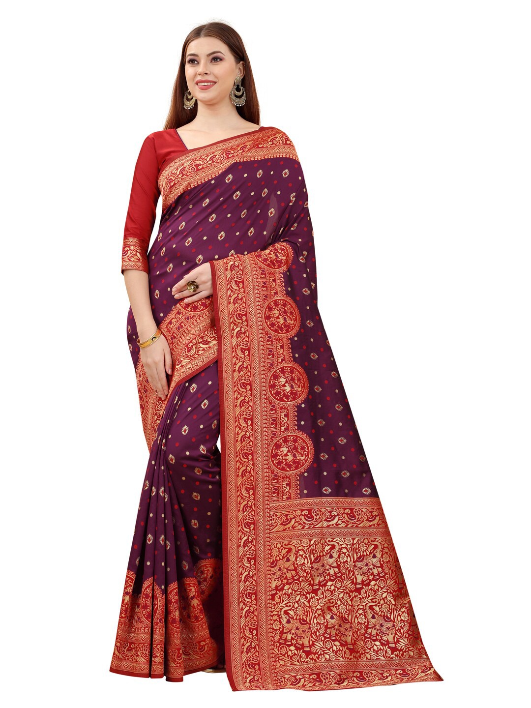 

MOKSHA DESIGNS Purple & Red Woven Design Zari Pure Silk Paithani Saree