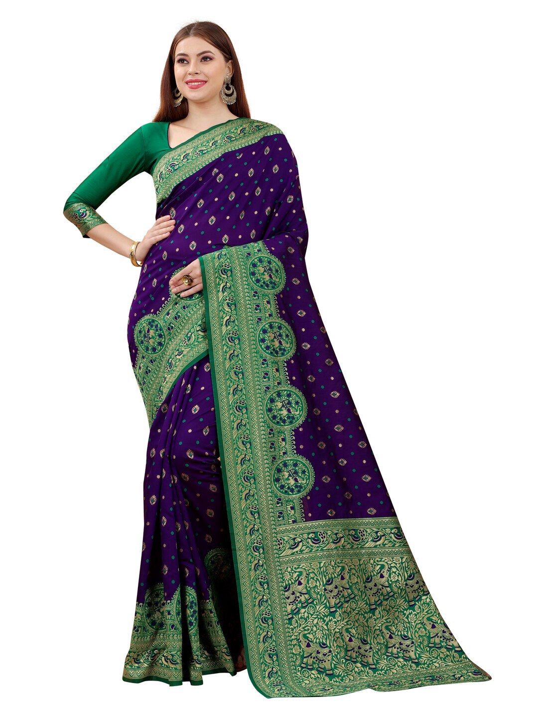 

MOKSHA DESIGNS Blue & Green Ethnic Motifs Zari Pure Silk Paithani Saree