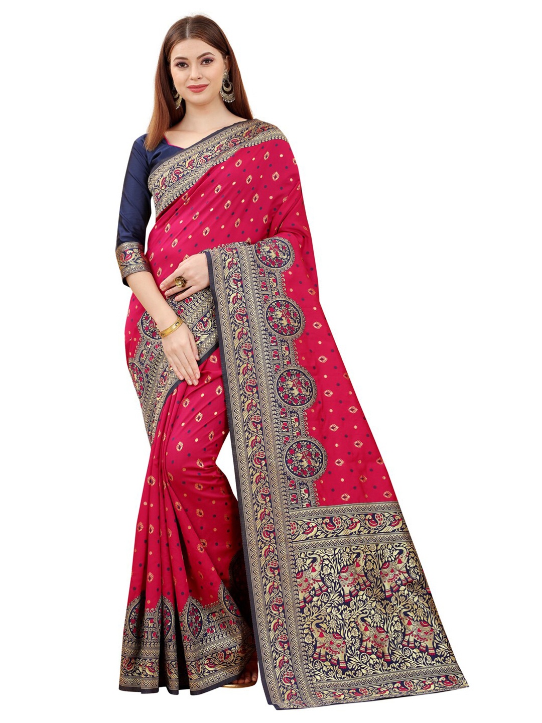 

MOKSHA DESIGNS Pink & Navy Blue Ethnic Motifs Zari Pure Silk Paithani Saree