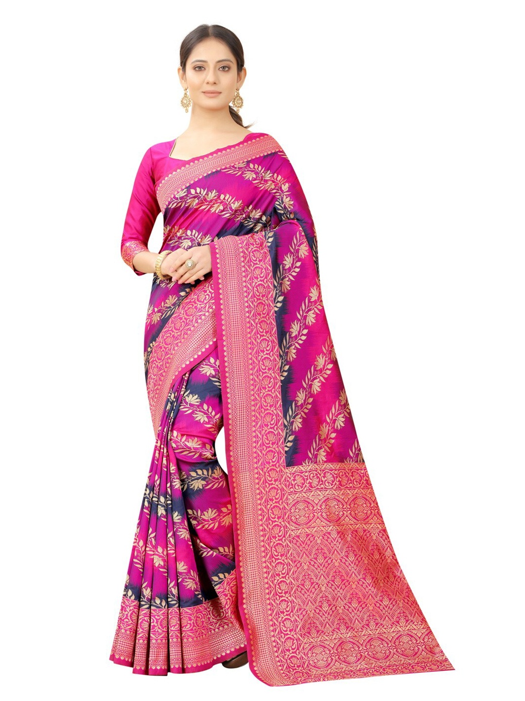 

MOKSHA DESIGNS Navy Blue & Pink Ethnic Motifs Zari Pure Silk Paithani Saree