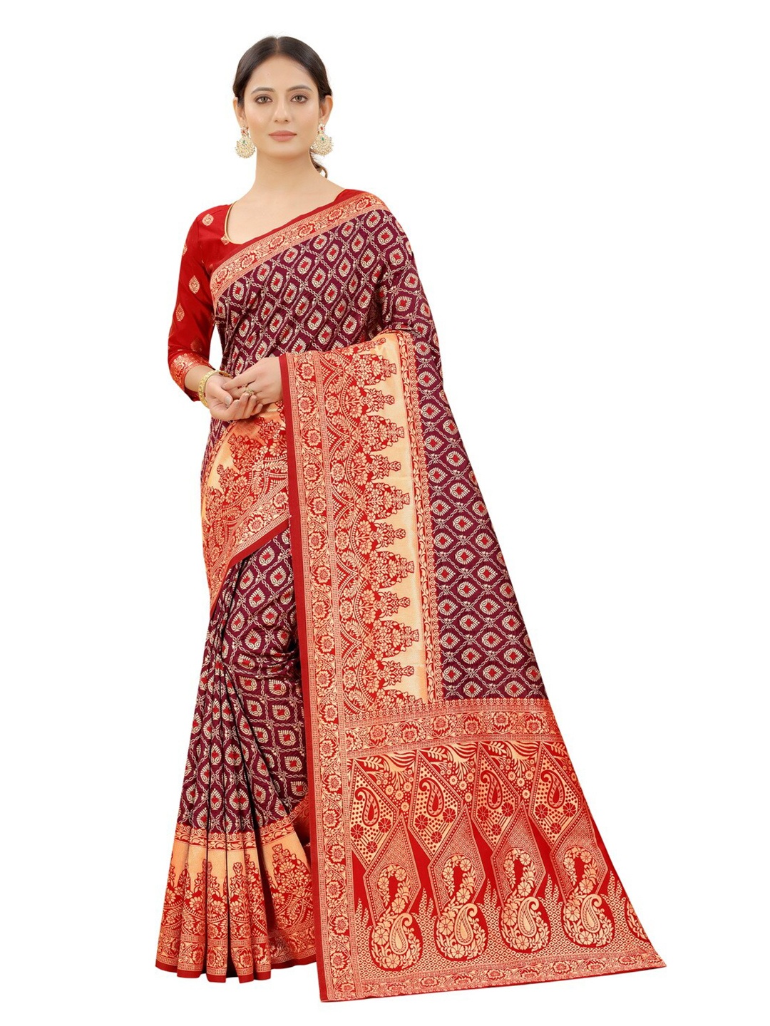 

MOKSHA DESIGNS Maroon & Red Woven Design Zari Pure Silk Paithani Saree