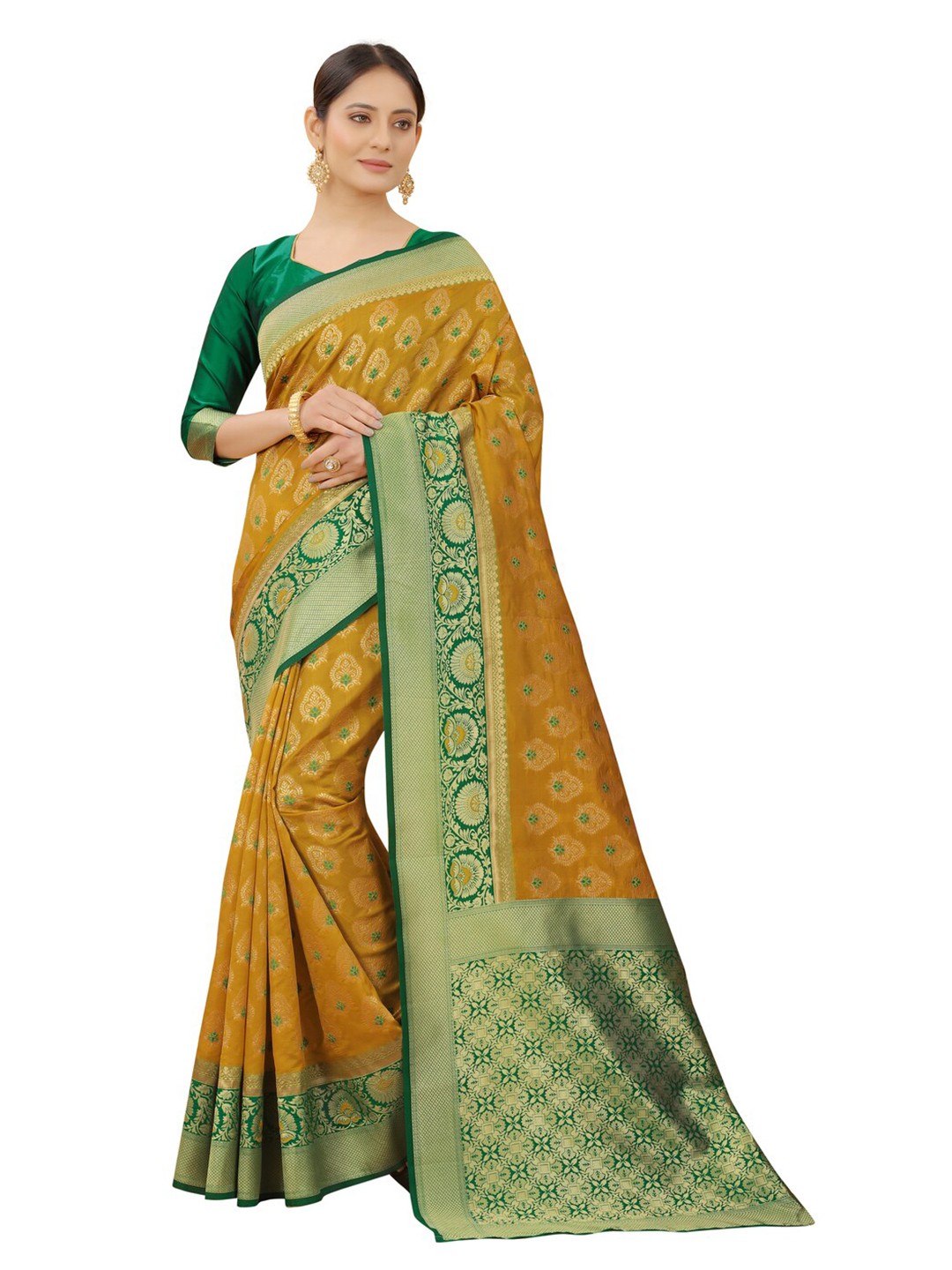 

MOKSHA DESIGNS Gold-Toned & Green Woven Design Zari Pure Silk Paithani Saree