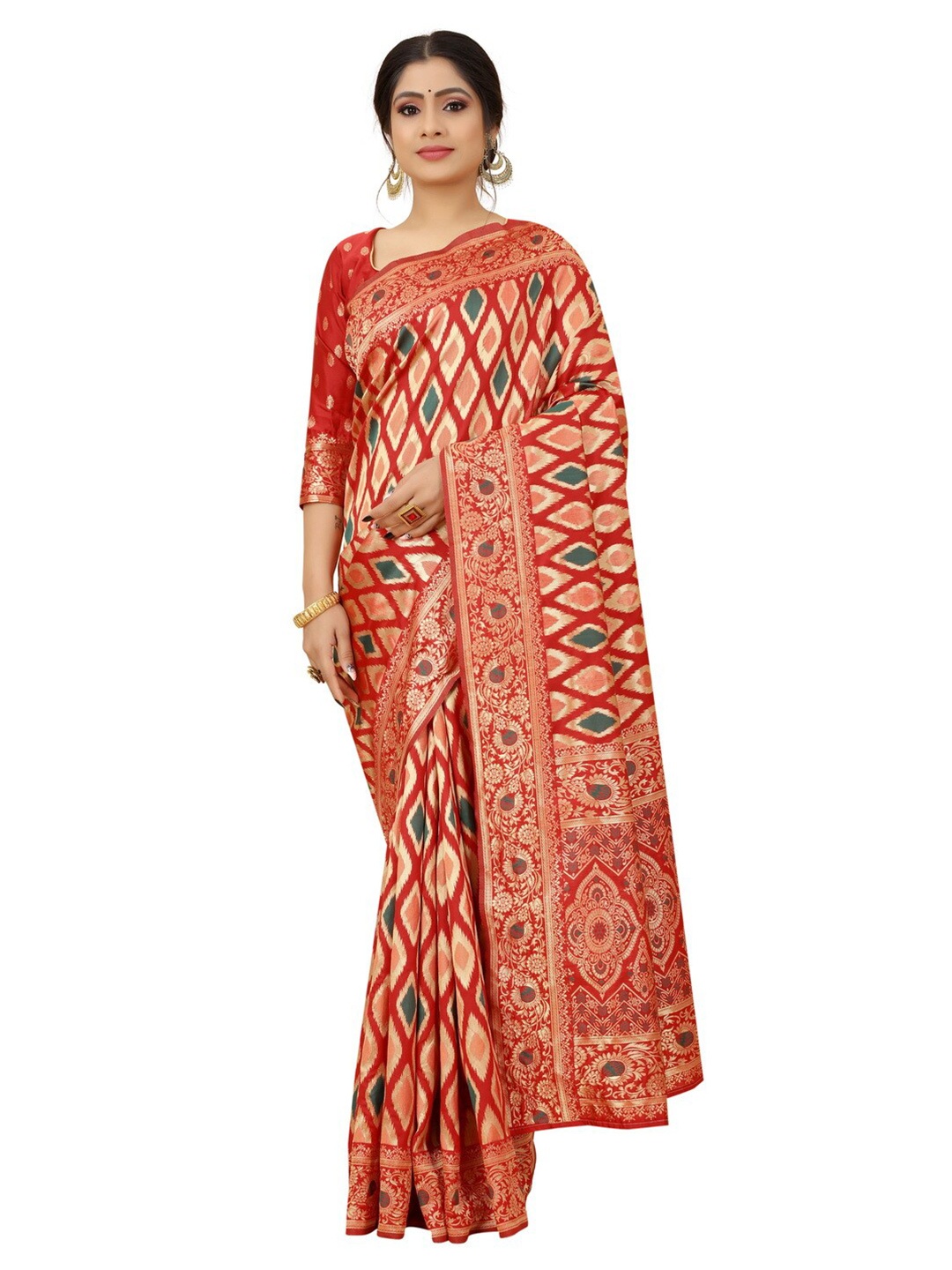 

MOKSHA DESIGNS Red & Gold-Toned Woven Design Zari Pure Silk Paithani Saree