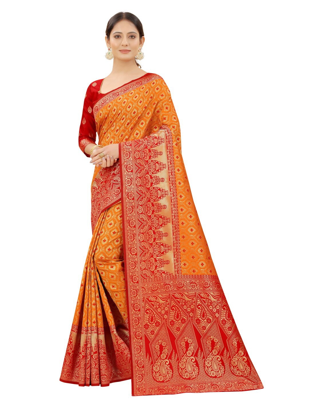

MOKSHA DESIGNS Orange & Red Ethnic Motifs Zari Pure Silk Paithani Saree