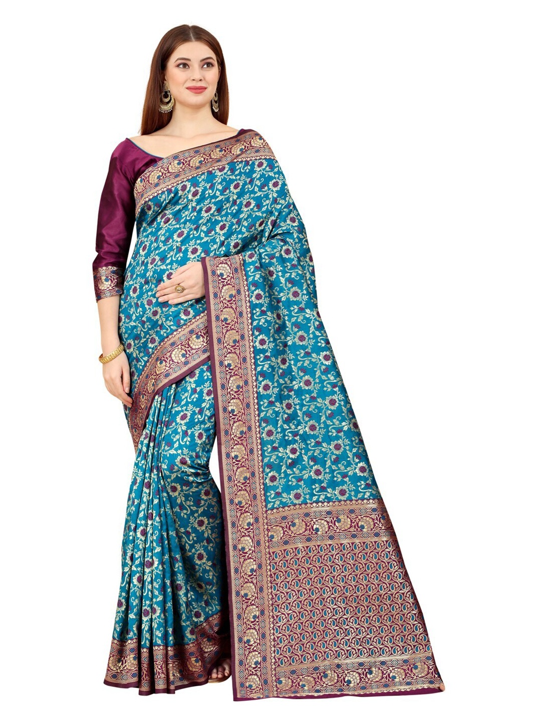 

MOKSHA DESIGNS Turquoise Blue & Burgundy Woven Design Zari Pure Silk Paithani Saree