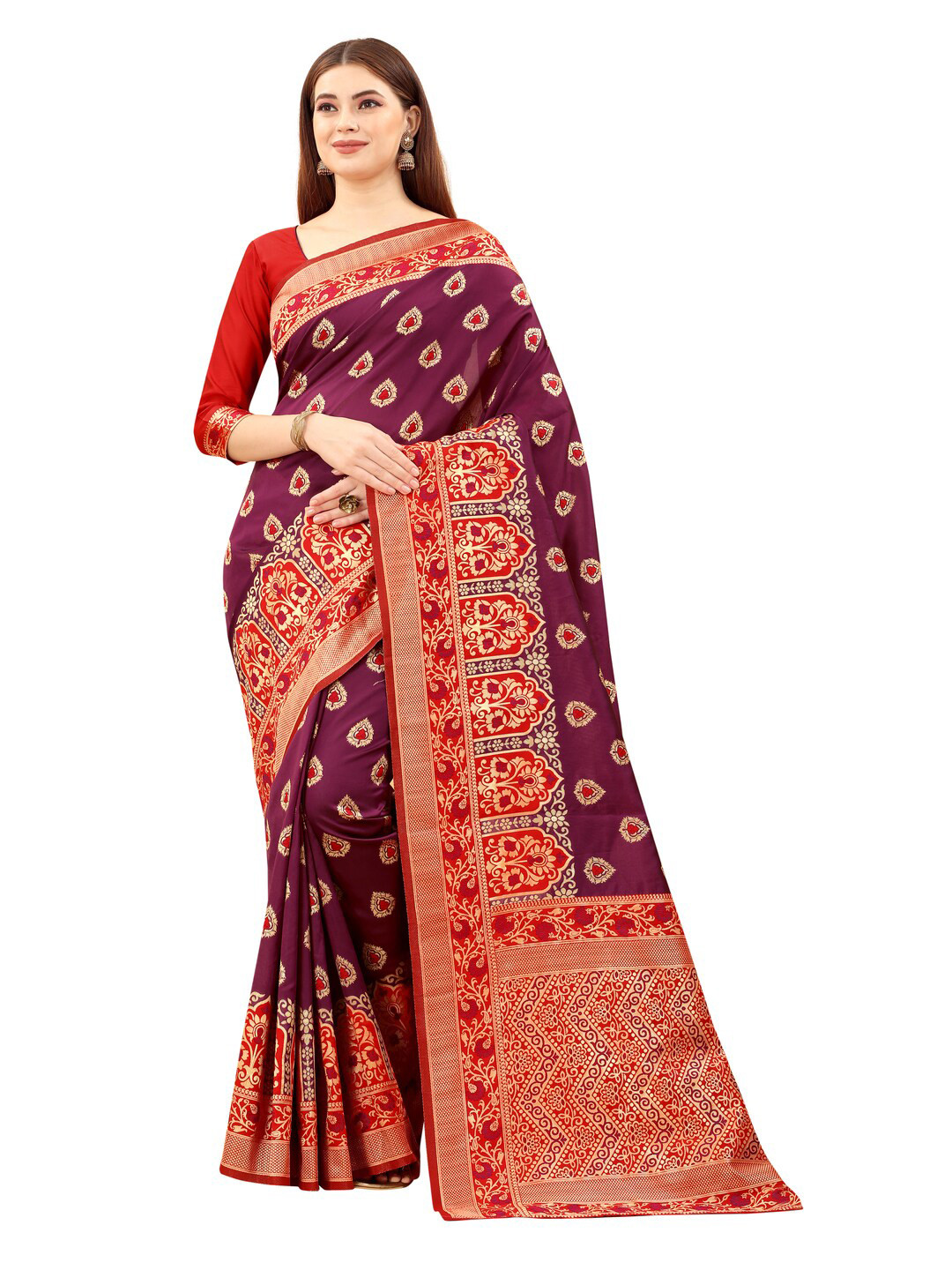 

MOKSHA DESIGNS Purple & Red Woven Design Zari Pure Silk Paithani Saree