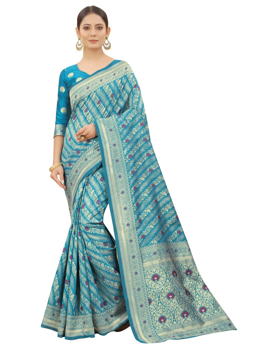 

MOKSHA DESIGNS Blue & Pink Woven Design Zari Pure Silk Paithani Saree