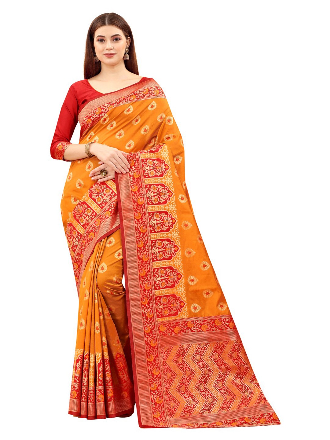 

MOKSHA DESIGNS Orange & Red Woven Design Zari Pure Silk Saree
