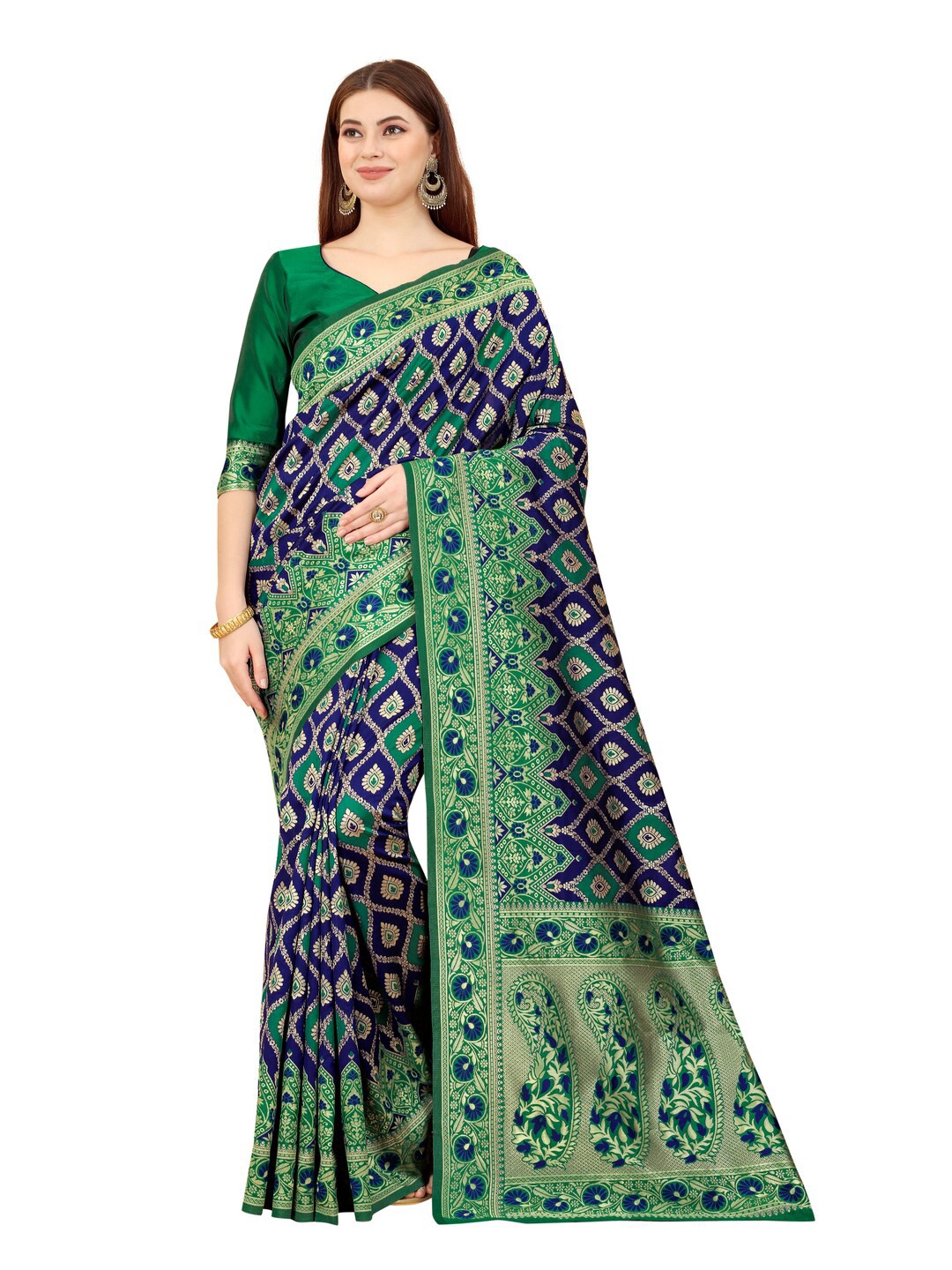 

MOKSHA DESIGNS Blue & Green Woven Design Zari Pure Silk Paithani Saree