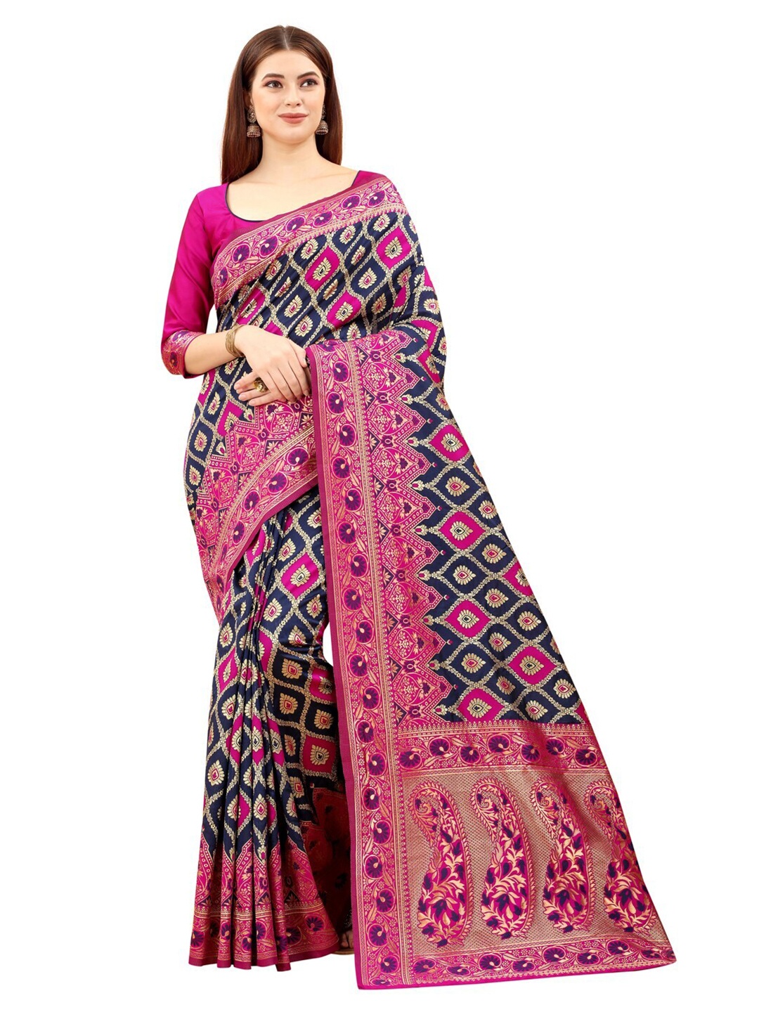 

MOKSHA DESIGNS Navy Blue & Pink Woven Design Zari Pure Silk Paithani Saree