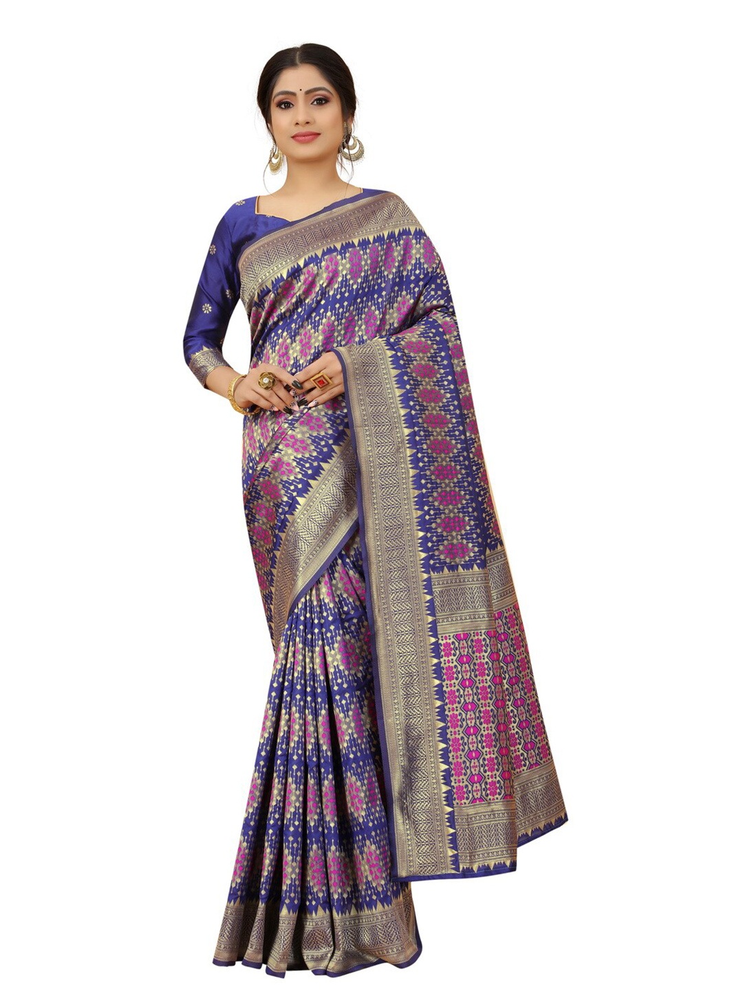 

MOKSHA DESIGNS Navy Blue & Pink Woven Design Zari Pure Silk Paithani Saree