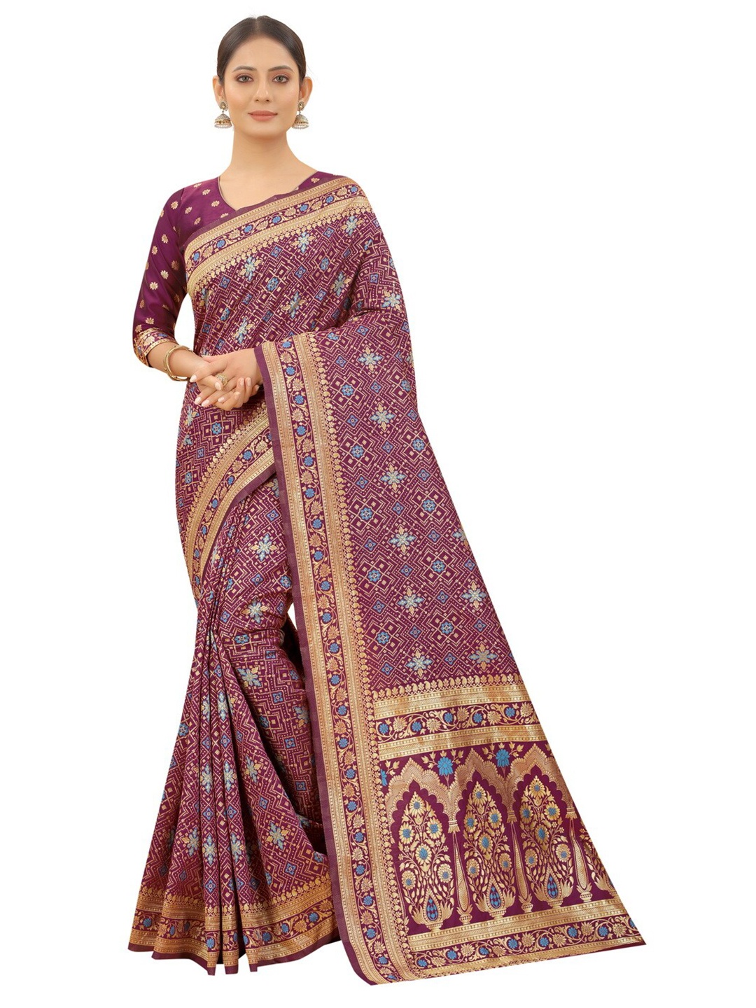 

MOKSHA DESIGNS Women Burgundy & Gold-Toned Floral Zari Pure Silk Paithani Saree