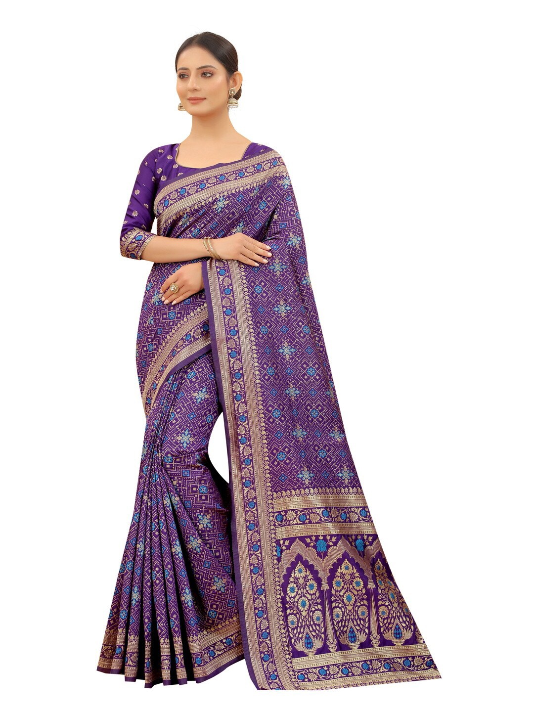 

MOKSHA DESIGNS Purple & Blue Ethnic Motifs Zari Pure Silk Paithani Saree