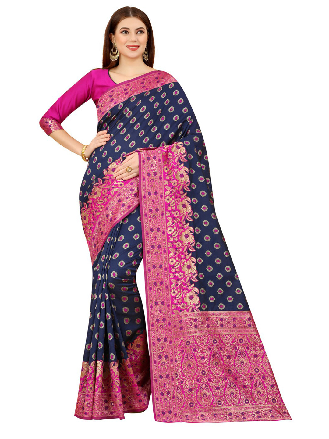 

MOKSHA DESIGNS Navy Blue & Pink Woven Design Zari Pure Silk Paithani Saree
