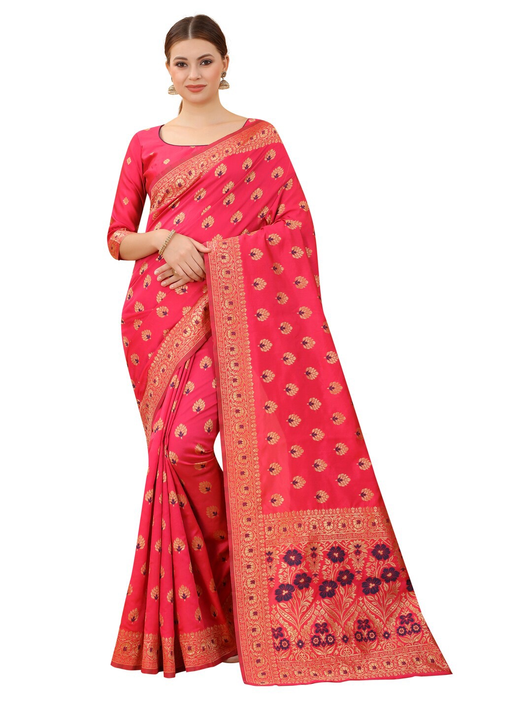 

MOKSHA DESIGNS Pink & Navy Blue Woven Design Zari Pure Silk Paithani Saree