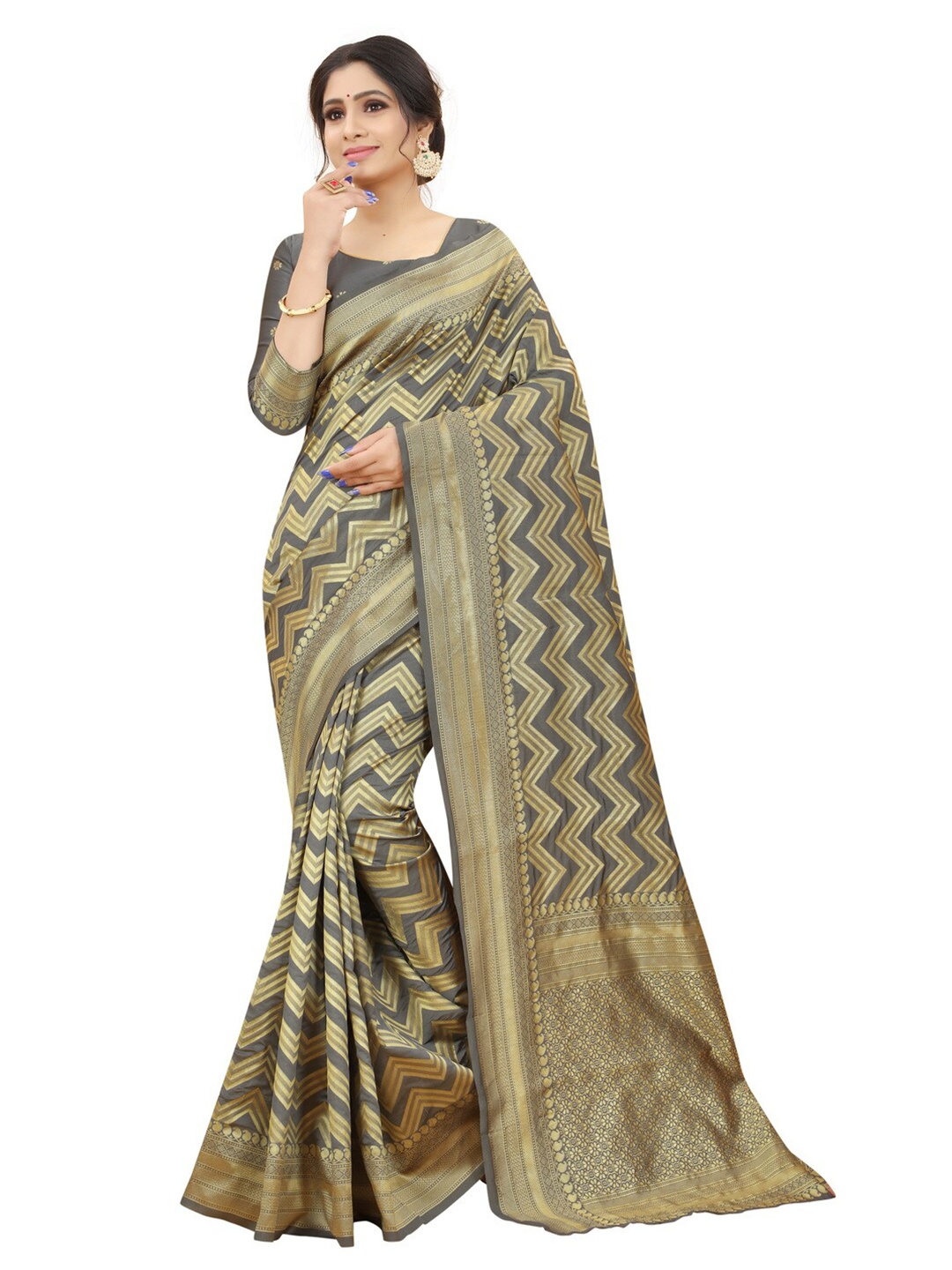 

MOKSHA DESIGNS Grey Melange & Gold-Toned Woven Design Zari Pure Silk Paithani Saree