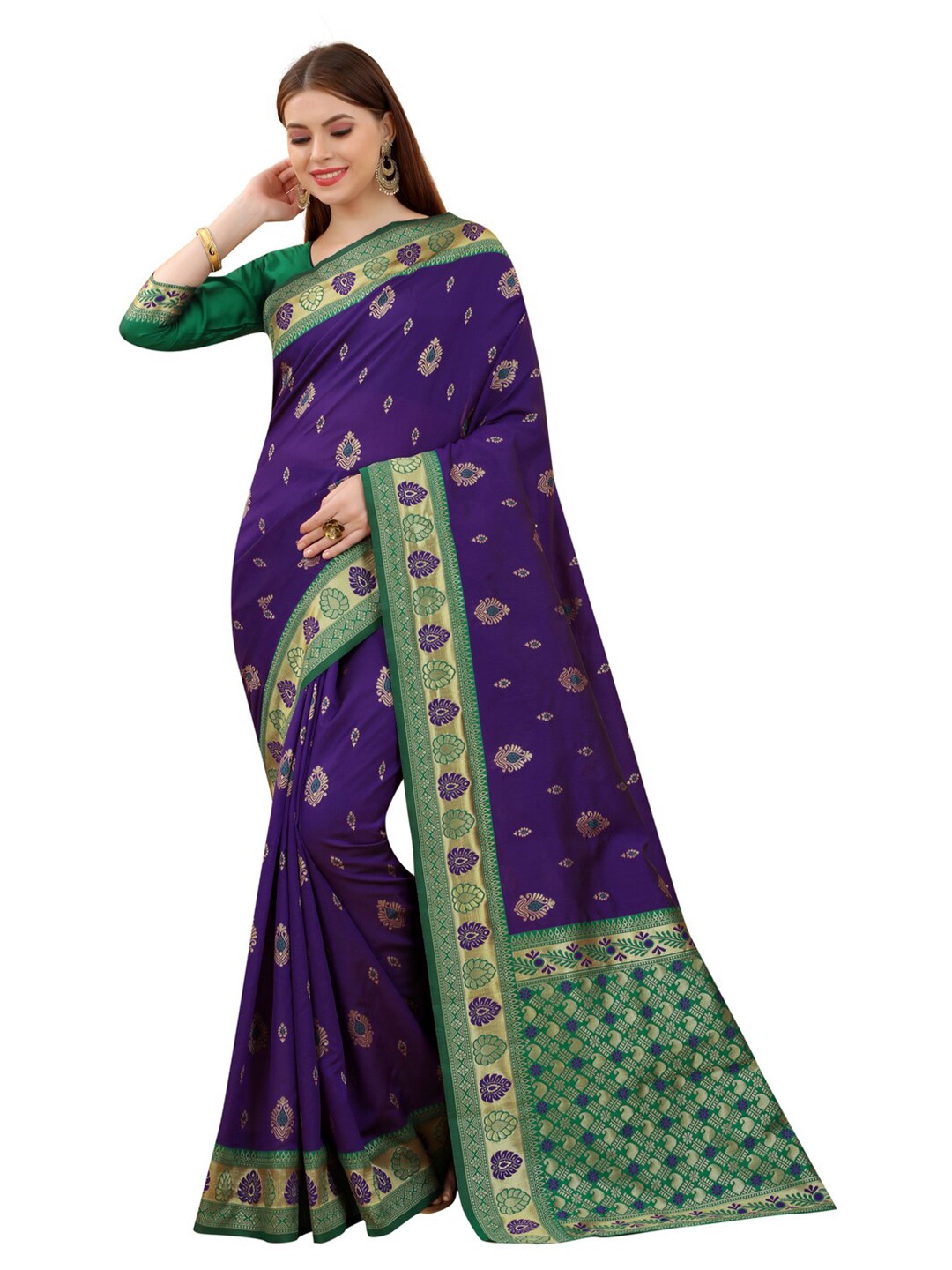 

MOKSHA DESIGNS Purple & Green Ethnic Motifs Zari Pure Silk Paithani Saree