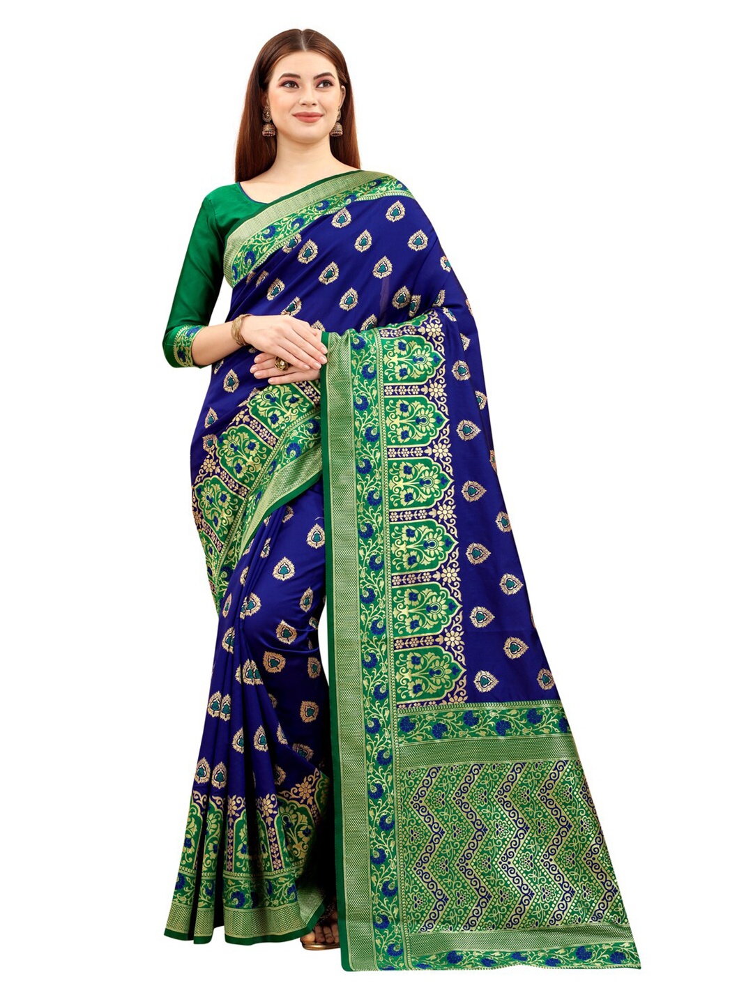 

MOKSHA DESIGNS Blue & Green Ethnic Motifs Zari Pure Silk Paithani Saree