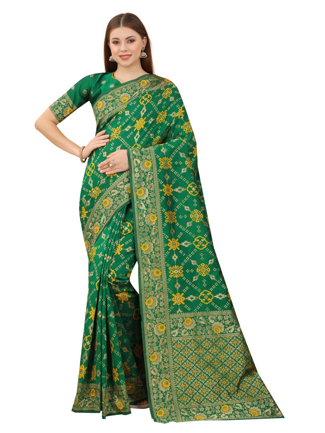 

MOKSHA DESIGNS Green & Yellow Woven Design Zari Pure Silk Paithani Saree