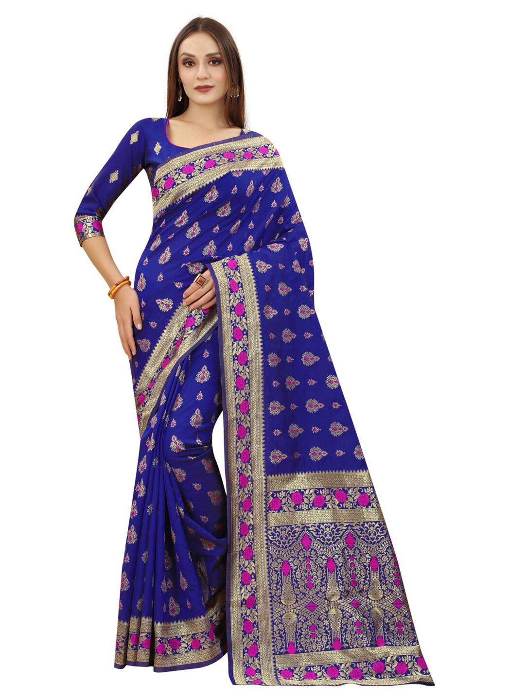 

MOKSHA DESIGNS Navy Blue & Gold-Toned Woven Design Zari Pure Silk Paithani Saree