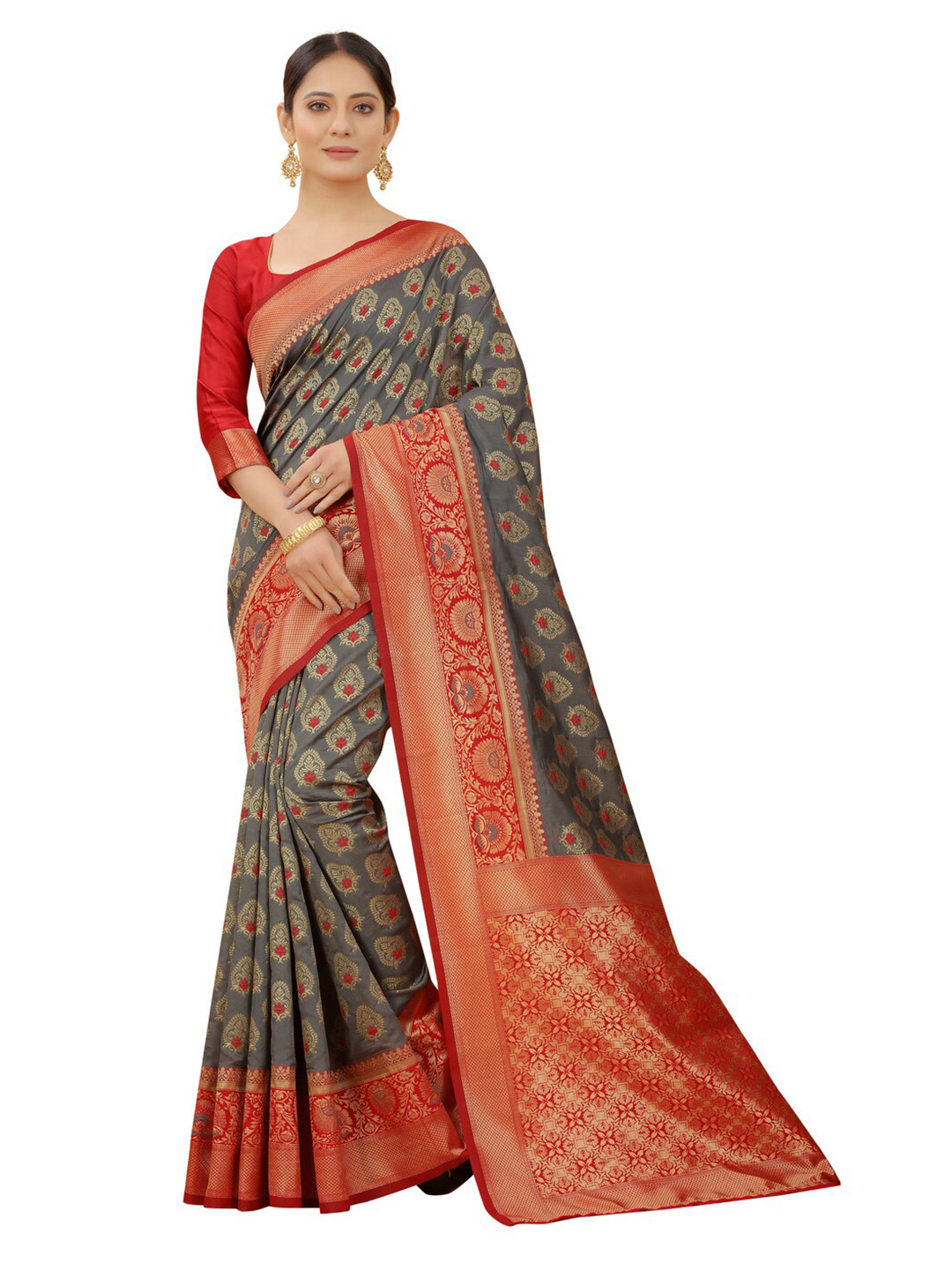 

MOKSHA DESIGNS Grey & Red Woven Design Zari Pure Silk Paithani Saree