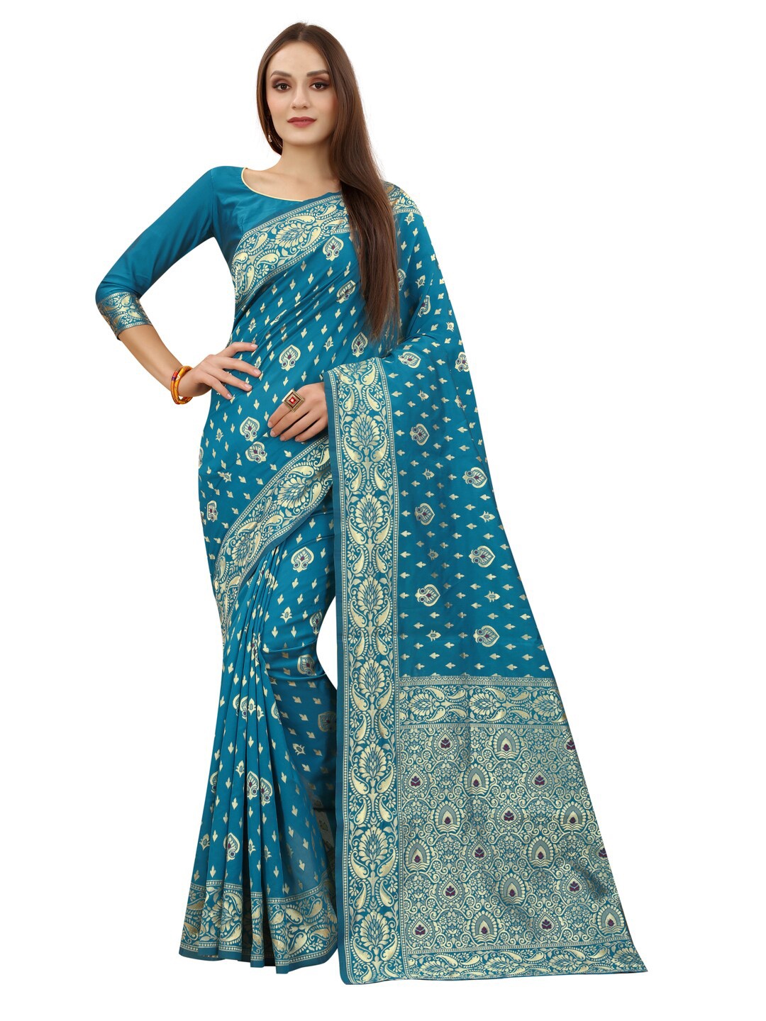 

MOKSHA DESIGNS Blue & Gold-Toned Woven Design Zari Pure Silk Paithani Saree