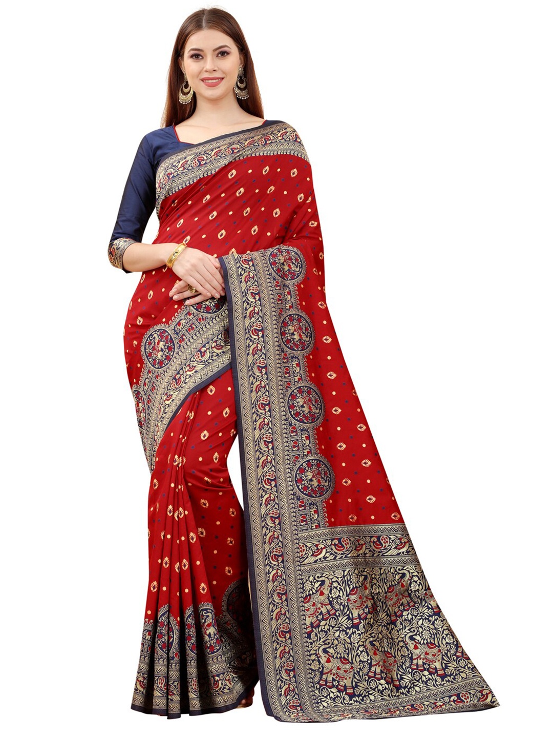 

MOKSHA DESIGNS Red & Navy Blue Woven Design Zari Pure Silk Paithani Saree