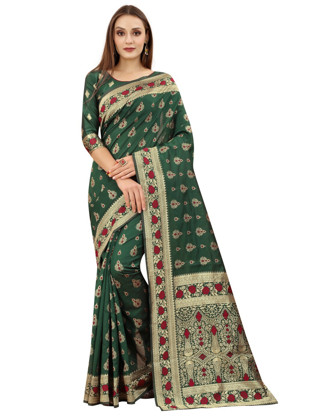 

MOKSHA DESIGNS Green & Gold-Toned Woven Design Zari Pure Silk Paithani Saree