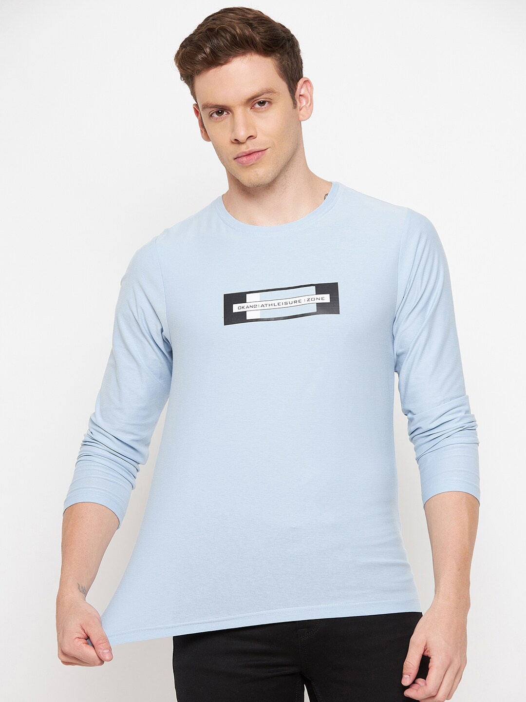 

Okane Men Blue Typography Printed T-shirt