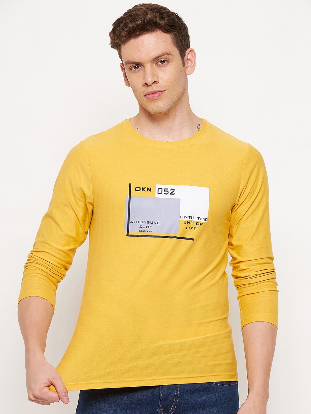 

Okane Men Yellow Typography Printed T-shirt
