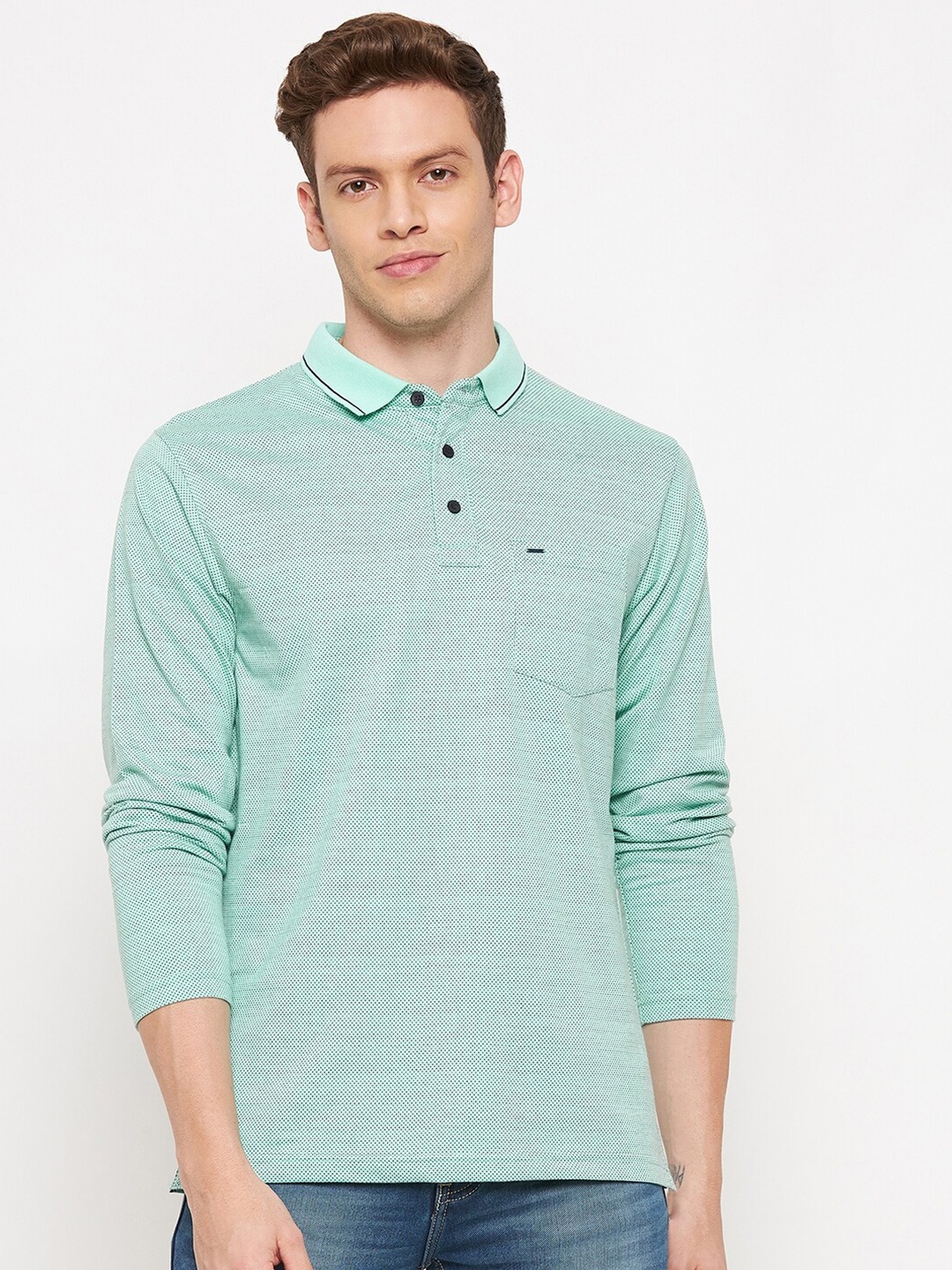 

Okane Men Green Polo Collar T-shirt
