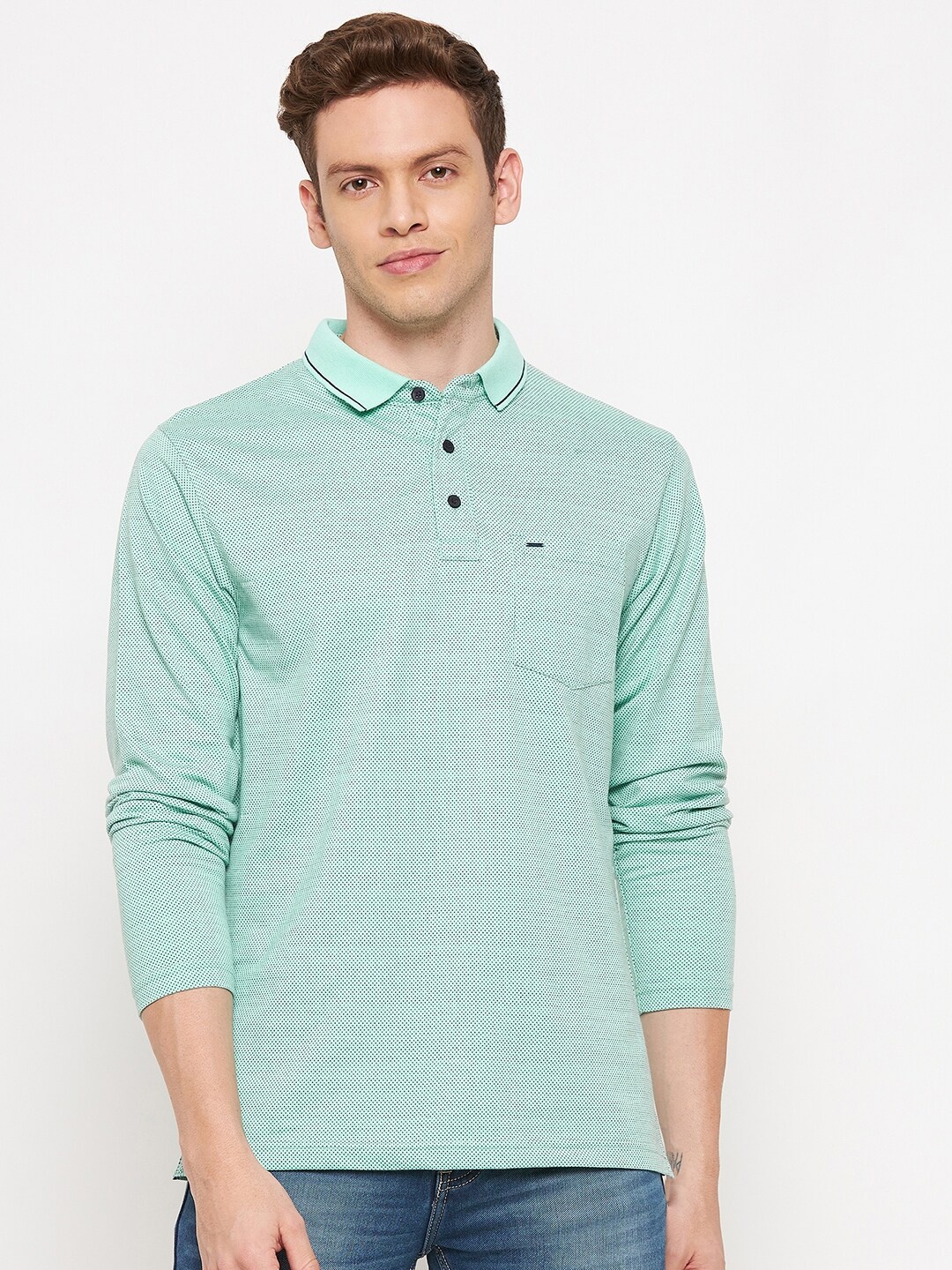 

Okane Men Green Printed Polo Collar Cotton T-shirt