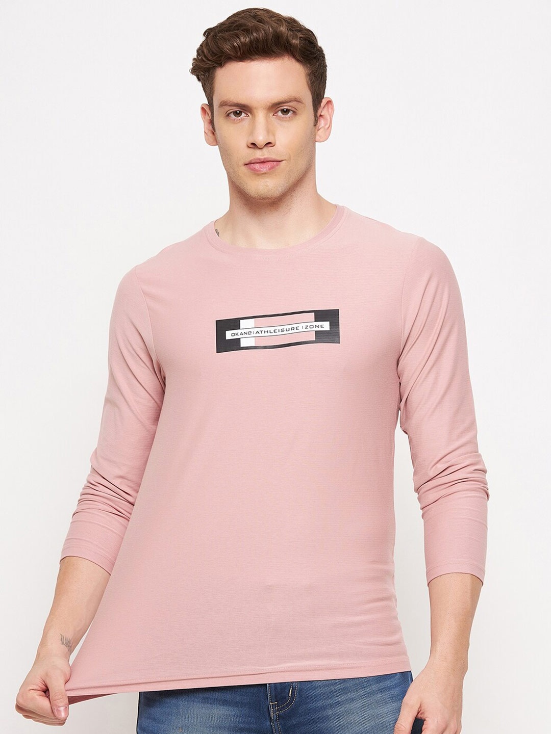 

Okane Men Pink Typography Printed T-shirt