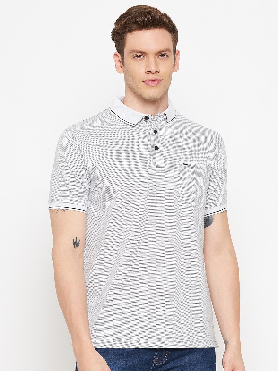 

Okane Men Grey Striped Polo Collar T-shirt