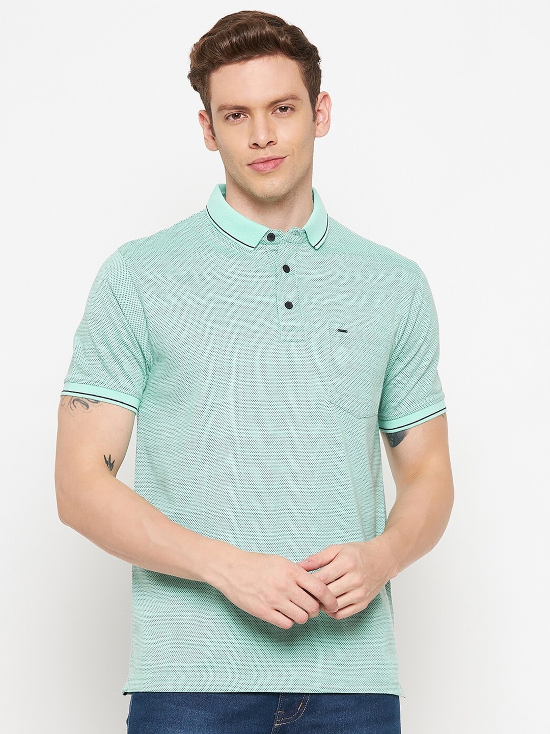 

Okane Men Green Polo Collar T-shirt