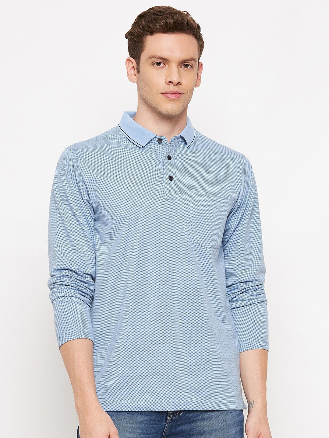 

Okane Men Blue Polo Collar T-shirt