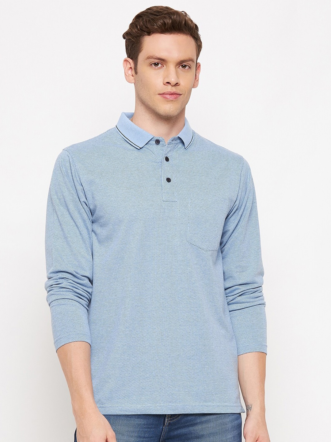 

Okane Men Blue Printed Polo Collar T-shirt