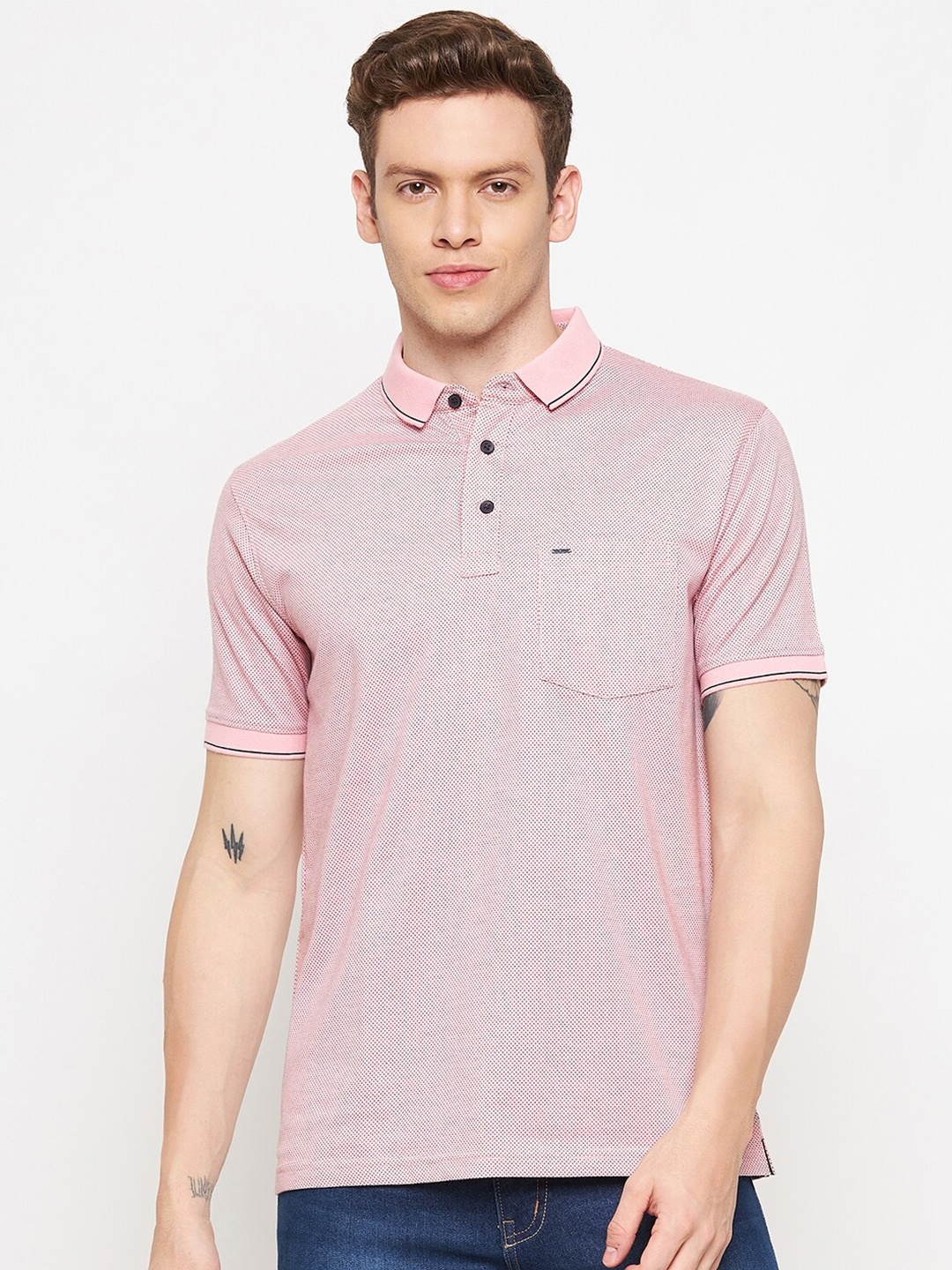 

Okane Men Pink Striped Polo Collar T-shirt