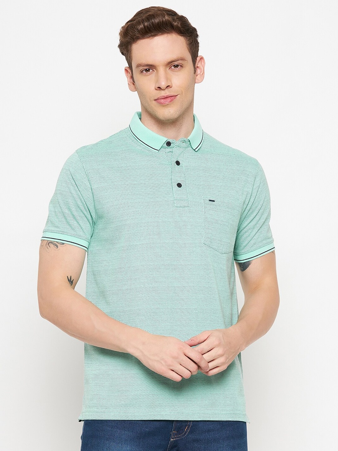 

Okane Men Sea Green Polo Collar T-shirt