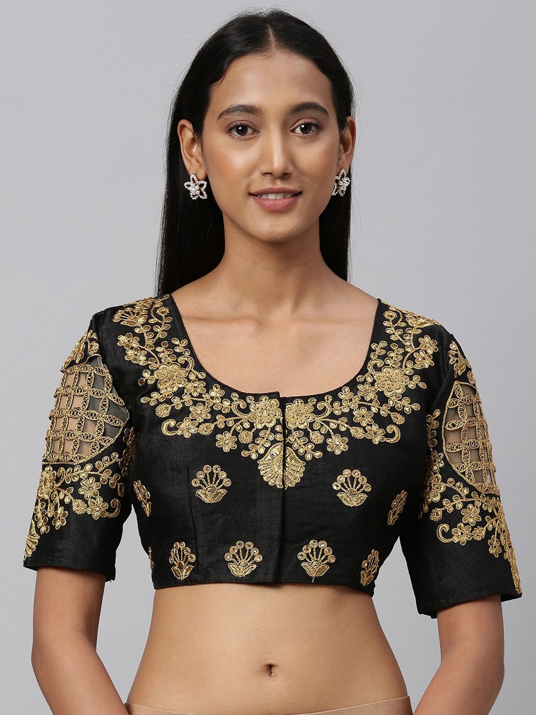 

Fab Dadu Women Black Embroidered Phantom Silk Saree Blouse